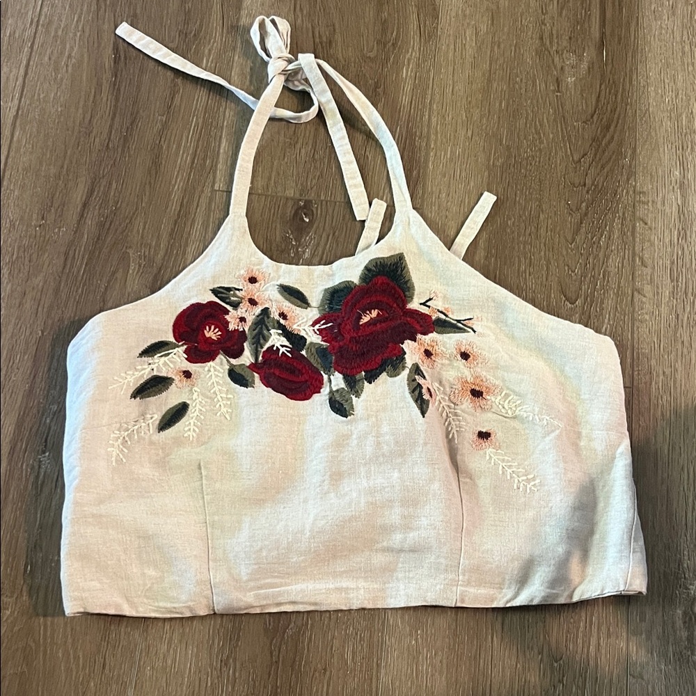 Floral Embroidered Halter Top - Red and Cream